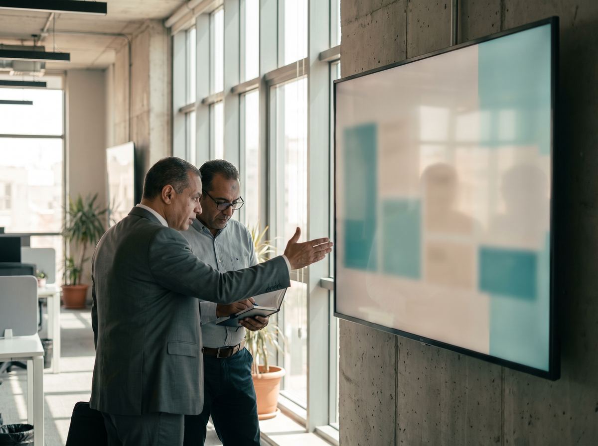 Two colleagues discussing a layout displayed on a large wall screen in a sunlit office.