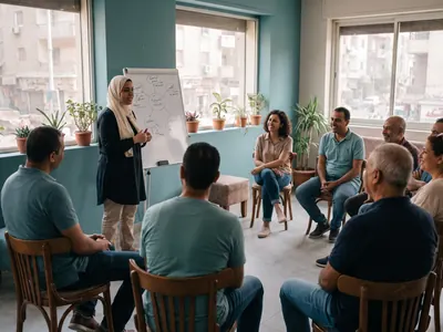 مدرّبة تقود ورشة عمل مجتمعية أمام لوح أبيض بينما يستمع المشاركون.